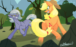 Size: 7278x4445 | Tagged: safe, artist:slightningdash, derpibooru import, applejack, limestone pie, pony, angry, butt, commission, evil grin, female, fight, grin, gritted teeth, hat, looking at each other, looking at someone, mare, plot, smiling, smirk, teeth, tree, underhoof, vs