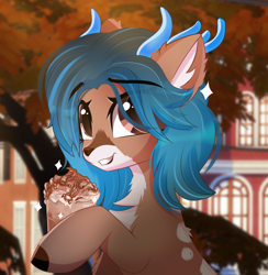 Size: 2450x2509 | Tagged: safe, artist:janelearts, derpibooru import, oc, oc:alune, deer, deer pony, original species, autumn, bust, coffee, commission, deer oc, looking at you, non-pony oc, portrait, smiling, smiling at you, solo, tree, ych result