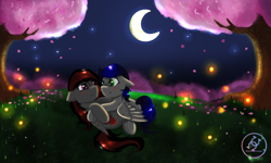 Size: 2000x1200 | Tagged: safe, artist:juliana, artist:julie25609, derpibooru import, oc, oc only, oc:mb midnight breeze, oc:se solar eclipse, firefly (insect), insect, pegasus, pony, couple, cuddling, cute, female, hug, hugging a pony, male, mare, moon, night, oc x oc, shipping, stallion, stars, wholesome