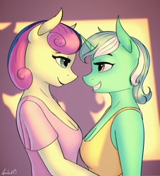 Size: 2104x2317 | Tagged: safe, artist:apocheck13, derpibooru import, bon bon, lyra heartstrings, sweetie drops, anthro, earth pony, unicorn, breasts, bust, cleavage, clothes, female, horn, lesbian, looking at each other, looking at someone, lyrabon, shipping, shirt, smiling