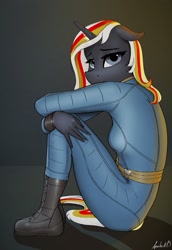 Size: 2160x3140 | Tagged: safe, artist:apocheck13, derpibooru import, oc, oc:velvet remedy, anthro, plantigrade anthro, unicorn, fallout equestria, clothes, fallout, horn, jumpsuit, looking at you, simple background, sitting, vault suit