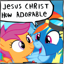 Size: 680x672 | Tagged: safe, derpibooru import, edit, edited edit, edited screencap, editor:maonyman, screencap, rainbow dash, scootaloo, pegasus, pony, parental glideance, boop, close-up, clothes, cute, dashabetes, dialogue, duo, female, happy, jesus christ how horrifying, looking at each other, looking at someone, mare, noseboop, open mouth, primal, rainbow dash is best pony, reaction image, scootalove, scrunchy face, smiling, speech bubble, uniform, wonderbolts uniform