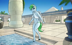 Size: 4096x2560 | Tagged: safe, artist:apocheck13, derpibooru import, morning dew, oc, anthro, pegasus, unguligrade anthro, absolute cleavage, bikini, bocas top, breasts, cleavage, clothes, egypt, female, looking at you, mare, poolside, pyramid, smiling, smiling at you, solo, swimsuit, white swimsuit