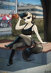 Size: 2896x4096 | Tagged: safe, artist:apocheck13, derpibooru import, oc, oc:elya, anthro, earth pony, bench, crossed legs, earth pony oc, female, looking at you, park, park bench, solo