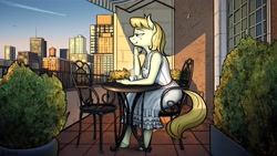 Size: 3840x2160 | Tagged: safe, artist:apocheck13, derpibooru import, oc, oc only, anthro, earth pony, unguligrade anthro, balcony, chair, city, commission, earth pony oc, female, hand on chin, mug, sitting, solo, sunlight, table