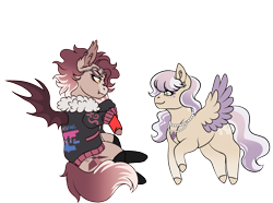 Size: 2701x2007 | Tagged: safe, artist:malinraf1615, derpibooru import, oc, oc only, oc:amaranthine, oc:quinn, bat pony, pegasus, pony, 2023 community collab, bat pony oc, bisexual pride flag, chibi, clothes, coat markings, derpibooru community collaboration, duo, ear fluff, ear piercing, earring, ears, eyeshadow, fangs, female, fingerless gloves, freckles, gloves, jacket, jewelry, leather, leather jacket, looking at each other, looking at someone, makeup, mare, necklace, piercing, pride, pride flag, raised hoof, raised leg, simple background, sitting, socks, stockings, sunglasses, thigh highs, transparent background, unshorn fetlocks