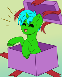 Size: 2160x2700 | Tagged: safe, artist:duskooky, derpibooru import, oc, oc only, oc:green byte, pony, unicorn, box, commission, gradient background, male, open mouth, open smile, pony in a box, pony present, smiling, solo, stallion, ych result, your character here