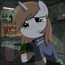 Size: 2000x2000 | Tagged: safe, artist:dddromm, derpibooru import, oc, oc only, oc:littlepip, pony, unicorn, fallout equestria, bottle, clothes, female, high res, jumpsuit, mare, pipbuck, radio, sad, sitting, solo, tavern, teary eyes, vault suit