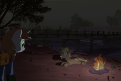 Size: 3000x2000 | Tagged: safe, artist:dddromm, derpibooru import, oc, oc only, oc:littlepip, oc:monterey jack, pony, unicorn, fallout equestria, bondage, bottle, bound and gagged, bridge, campfire, cuffs, duo, fanfic art, female, gag, high res, lying down, male, mare, prone, stallion