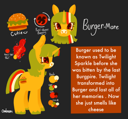 Size: 2048x1911 | Tagged: safe, artist:ombnom, derpibooru import, oc, oc only, oc:burger mare, pony, unicorn, black background, implied twilight sparkle, reference sheet, simple background, solo