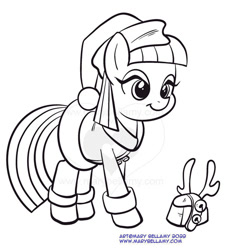 Size: 541x600 | Tagged: safe, artist:marybellamy, derpibooru import, boulder (pet), maud pie, antlers, christmas, clothes, costume, cute, hat, holiday, lineart, patreon, patreon reward, reindeer antlers, santa costume, santa hat, simple background, smiling, white background