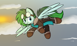 Size: 3000x1792 | Tagged: safe, artist:aaathebap, derpibooru import, oc, oc only, oc:gryph xander, clothes, cute, flying, goggles, goggles on head, scarf, sky