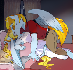 Size: 3552x3361 | Tagged: safe, alternate version, artist:kikiluv, derpibooru import, oc, oc only, oc:graceful charity, oc:gregorius, alicorn, anthro, unguligrade anthro, alicorn oc, bed, bedsheets, clothes, commission, detailed background, dress, duo, eyes closed, female, hair pulling, high res, horn, horns are touching, kissing, kneeling, lying down, making out, male, multiple variants, night, oc x oc, on back, pants, passionate, pillow, polo shirt, rule 63, self paradox, self ponidox, selfcest, shipping, socks, spread wings, stockings, straight, sundress, thigh highs, window, wings