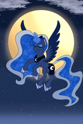 Size: 1000x1500 | Tagged: safe, artist:sereneoceanic, derpibooru import, princess luna, alicorn, cloud, female, magic, magic aura, mare, moon, solo, stars