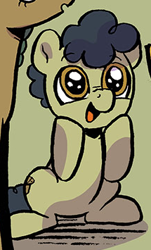 Size: 215x355 | Tagged: safe, derpibooru import, idw, cheese sandwich, earth pony, pony, spoiler:comic, spoiler:comic99, acacia pie, acorn, black mane, black tail, brown eyes, colt, comic, excited, foal, green coat, hooves on face, male, oak pie, tail