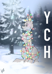 Size: 1640x2360 | Tagged: safe, artist:stirren, derpibooru import, pony, bondage, christmas, christmas lights, commission, garland, holiday, pine tree, sitting, snow, snowfall, solo, tree, your character here