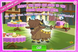 Size: 1956x1296 | Tagged: safe, derpibooru import, yak, background character, background yak, calf, cloven hooves, english, gameloft, hair over eyes, horn, horn ring, horns, male, ring, text, unnamed character, unnamed yak, yak calf, yona's brother