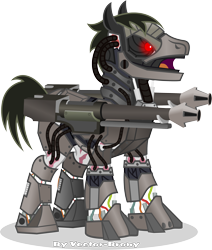 Size: 3225x3798 | Tagged: safe, artist:vector-brony, derpibooru import, oc, oc only, oc:deus, cyborg, earth pony, pony, fallout equestria, fallout equestria: project horizons, angry, armor, cannon, cyborg pony, fanfic art, glare, gun, looking at someone, mane, red eyes, scar, scarred, simple background, steel pony, transparent background, vector, weapon