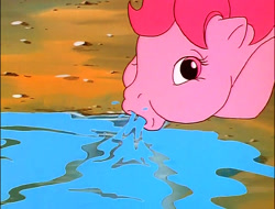 Size: 631x480 | Tagged: safe, derpibooru import, screencap, honeysuckle, flutter pony, pony, g1, female, great moments in animation, mare, silly, slurp, solo, wat, water