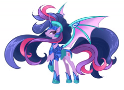 Size: 1990x1459 | Tagged: safe, artist:thurder2020, derpibooru import, twilight sparkle, alicorn, bat pony, bat pony alicorn, pony, armor, bat wings, chaos twilight, chestplate, female, gameloft, helmet, hoof shoes, horn, long mane, long tail, looking at you, mare, open mouth, peytral, raised hoof, raised leg, simple background, slim, solo, tail, tall, white background, wings