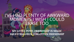 Size: 1920x1080 | Tagged: safe, derpibooru import, edit, edited screencap, editor:quoterific, screencap, sunset shimmer, wallflower blush, better together, equestria girls, forgotten friendship