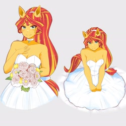 Size: 2894x2894 | Tagged: safe, artist:deeemperor, derpibooru import, sunset shimmer, equestria girls, alternate hairstyle, bare shoulders, choker, clothes, cute, dress, female, flower, marriage, ponied up, shimmerbetes, simple background, sleeveless, solo, strapless, wedding, wedding dress, white background