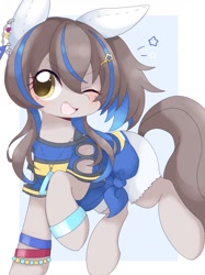 Size: 1128x1508 | Tagged: safe, artist:ginmaruxx, derpibooru import, earth pony, pony, anime, blushing, bracelet, clothes, daitaku helios, eye clipping through hair, female, jewelry, looking at you, mare, necklace, one eye closed, open mouth, open smile, ponified, raised hoof, raised leg, simple background, smiling, solo, stars, uma musume pretty derby, white background, wink, winking at you, wristband