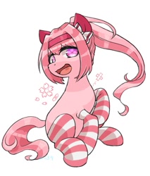 Size: 1024x1200 | Tagged: safe, artist:yukkuri_yu_yu, derpibooru import, earth pony, pony, anime, clothes, female, haru urara, looking at you, mare, open mouth, ponified, simple background, socks, solo, stockings, striped socks, thigh highs, uma musume pretty derby, white background