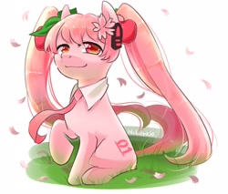 Size: 2066x1763 | Tagged: safe, artist:yukkuri_yu_yu, derpibooru import, earth pony, pony, anime, cherry blossoms, female, flower, flower blossom, grass, hatsune miku, looking at you, mare, necktie, ponified, raised hoof, raised leg, simple background, solo, vocaloid, white background
