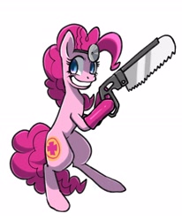 Size: 2066x2507 | Tagged: safe, artist:yukkuri_yu_yu, derpibooru import, pinkie pie, earth pony, pony, bipedal, female, grin, hoof hold, looking at you, mare, medic, saw, simple background, smiling, solo, team fortress 2, white background