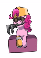 Size: 1763x2507 | Tagged: safe, artist:yukkuri_yu_yu, derpibooru import, pinkie pie, earth pony, pony, clothes, engineer, female, gloves, goggles, hard hat, hat, mare, mouth hold, simple background, solo, team fortress 2, white background, wrench