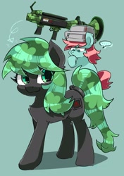 Size: 1763x2507 | Tagged: safe, artist:yukkuri_yu_yu, derpibooru import, oc, oc only, earth pony, pony, bucket, duo, eye clipping through hair, female, green background, looking at someone, looking at you, mare, ponified, rocket launcher, simple background, soldier, speech bubble, team fortress 2, weapon