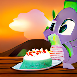 Size: 1024x1024 | Tagged: safe, artist:dall·e mini, derpibooru import, machine learning generated, spike, dragon, apron, cake, clothes, cloud, craiyon, dall·e mini, food, male, sky, solo, sunset, table, volcano, wat, what has science done