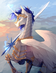 Size: 1676x2198 | Tagged: safe, artist:sweet julien, derpibooru import, oc, oc only, alicorn, pony, alicorn oc, armor, cloud, commission, eyebrows, horn, knight, lidded eyes, male, outdoors, solo, spear, stallion, weapon, wings