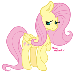 Size: 2000x2000 | Tagged: safe, artist:edgyanimator, derpibooru import, fluttershy, pegasus, pony, chest fluff, cutie mark, digital art, ear fluff, ears, fanart, female, firealpaca, folded wings, full body, high res, long hair, looking down, mare, pink hair, png, raised hoof, raised leg, shy, simple, simple background, solo, turquoise eyes, white background, wings, yellow coat