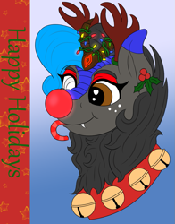 Size: 859x1096 | Tagged: safe, artist:gray star, derpibooru import, oc, oc only, oc:heccin pepperino, kirin, pony, christmas, christmas lights, cute, fangs, female, freckles, happy holidays, head shot, heart, holiday, holly, kirin oc, simple background, solo