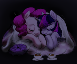 Size: 6000x4943 | Tagged: safe, artist:misstwipietwins, derpibooru import, pinkie pie, twilight sparkle, earth pony, pony, unicorn, chocolate, female, food, hot chocolate, lesbian, shipping, sketch, sleeping, snuggling, twinkie