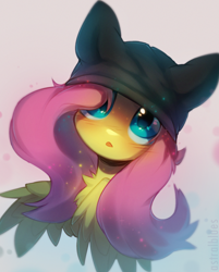 Size: 1162x1446 | Tagged: safe, artist:astralblues, derpibooru import, fluttershy, pegasus, pony, blushing, bust, cat hoodie, chest fluff, cute, hair over one eye, looking at you, open mouth, portrait, shyabetes, solo, sparkles