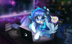 Size: 1280x787 | Tagged: safe, artist:astralblues, derpibooru import, oc, pegasus, pony, book, clothes, computer, female, glasses, headphones, laptop computer, mare, open book, scarf, solo
