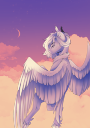 Size: 2480x3508 | Tagged: safe, artist:lunciakkk, derpibooru import, oc, oc:cloudy vexiium, pegasus, beyond cloud, beyond sky, cloud, commission, eyes closed, moon, unshorn fetlocks