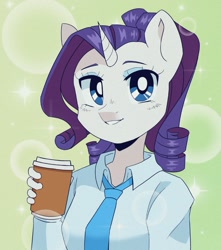 Size: 947x1069 | Tagged: safe, artist:melodylibris, derpibooru import, rarity, anthro, unicorn, clothes, coffee, female, looking at you, mare, necktie, shirt, smiling, smiling at you, solo