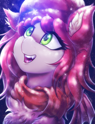 Size: 3000x3900 | Tagged: safe, artist:shad0w-galaxy, derpibooru import, oc, oc only, oc:airi, bat pony, pony, adorable face, bat pony oc, bat wings, beanie, chest fluff, clothes, commission, cute, ear fluff, ears, fangs, female, fluffy, green eyes, hat, high res, mare, night, open mouth, scarf, smiling, snow, snowflake, solo, wings, winter, winter outfit