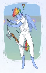 Size: 473x744 | Tagged: safe, artist:adeptus-monitus, derpibooru import, rainbow dash, anthro, pegasus, unguligrade anthro, bow (weapon), question mark, solo