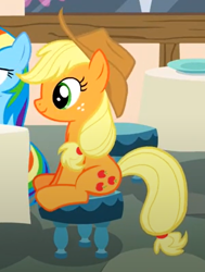 Size: 448x594 | Tagged: safe, derpibooru import, screencap, applejack, rainbow dash, earth pony, what about discord?, chair, cropped, cute, female, jackabetes, sitting, table