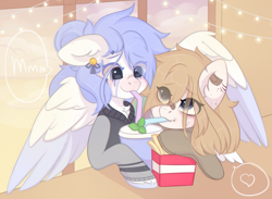 Size: 2975x2175 | Tagged: safe, artist:yomechka, derpibooru import, oc, oc only, pegasus, pony, chest fluff, colored wings, duo, ear piercing, earring, female, jewelry, mare, oc x oc, pegasus oc, piercing, sharing a drink, shipping, two toned wings, wings