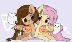 Size: 3000x1767 | Tagged: safe, artist:yomechka, derpibooru import, fluttershy, oc, bat pony, ghost, pony, undead, bat ponified, candle, chibi, commission, duo, eye clipping through hair, flutterbat, pumpkin bucket, race swap, sitting, smiling, ych result
