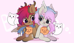 Size: 3000x1767 | Tagged: safe, artist:yomechka, derpibooru import, oc, oc only, deer, deer pony, ghost, original species, pony, undead, antlers, candle, chibi, commission, duo, eye clipping through hair, pumpkin bucket, sitting, smiling, wings, ych result