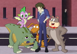 Size: 3780x2657 | Tagged: safe, artist:culu-bluebeaver, derpibooru import, spike, dinosaur, dog, dragon, human, undead, vampire, anime, bounty hunter, buffy the vampire slayer, bulldog, cowboy bebop, digital, digital art, don bluth, group, namesake, pun, rugrats, spike (buffyverse), spike (rugrats), spike (the land before time), spike bulldog, spike spiegel, stegosaurus, street, the land before time, tom and jerry, vector, visual pun, winged spike, wings