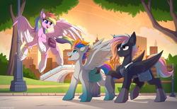 Size: 3516x2160 | Tagged: safe, artist:strafe blitz, derpibooru import, oc, oc only, oc:aurora codec, oc:onyx lighthoof, oc:pixel codec, pegasus, pony, bag, beautiful, bench, bridge, city, cloud, cloudy, coat markings, colored, colored wings, cute, flying, folded wings, gradient hooves, gradient legs, high res, hoofband, lighting, looking at each other, looking at someone, multicolored hair, multicolored wings, nintendo switch, open mouth, pale belly, park, park bench, pegasus oc, rainbow hair, raised hoof, raised leg, saddle bag, scenery, shadow, sky, slim, socks (coat marking), spread wings, streetlight, striped tail, sunset, tail, tree, trio, two toned wings, unshorn fetlocks, wall of tags, wings, wristband