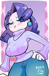 Size: 2650x4096 | Tagged: safe, artist:moonieflav, derpibooru import, rarity, human, big breasts, blushing, breasts, clothes, curvy, ear piercing, earring, eye clipping through hair, eyes closed, female, hourglass figure, huge breasts, humanized, jewelry, piercing, raritits, signature, smiling, solo, sweater, thick, traditional art, turtleneck, wasp waist, wide hips